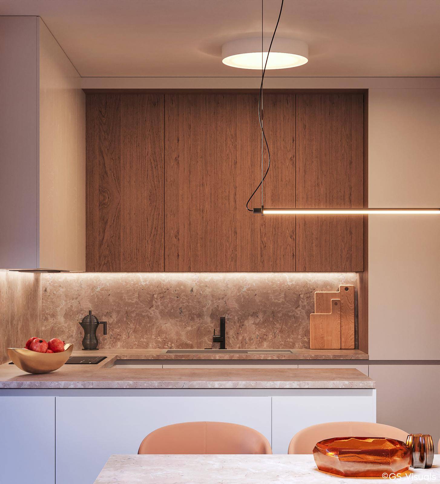 Moderne Küche mit Holzschränken, Steinrückwand und integrierter Beleuchtung über der Arbeitsfläche.