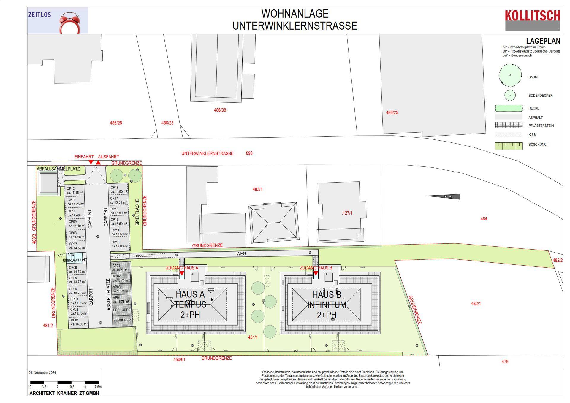 Lageplan der Wohnanlage mit zwei Häusern, Parkplätzen und umliegenden Grünflächen.