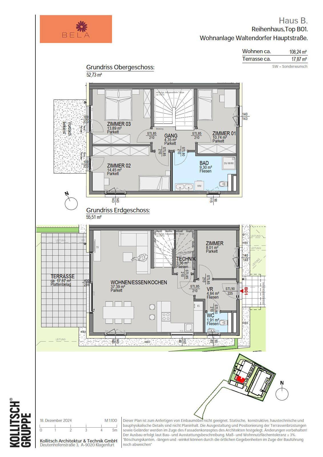 Grundriss des Erd- und Obergeschosses mit offenem Wohnbereich, drei Schlafzimmern, Bad und Terrasse.