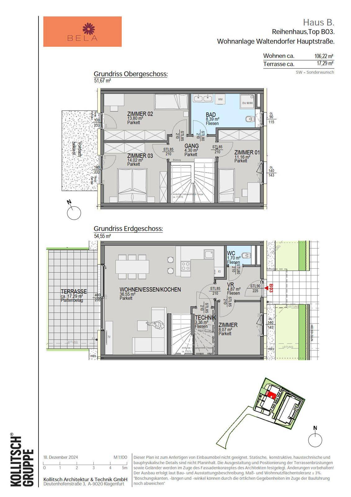 Detaillierter Grundriss eines Reihenhauses mit Erd- und Obergeschoss, inklusive Terrasse und Garten.