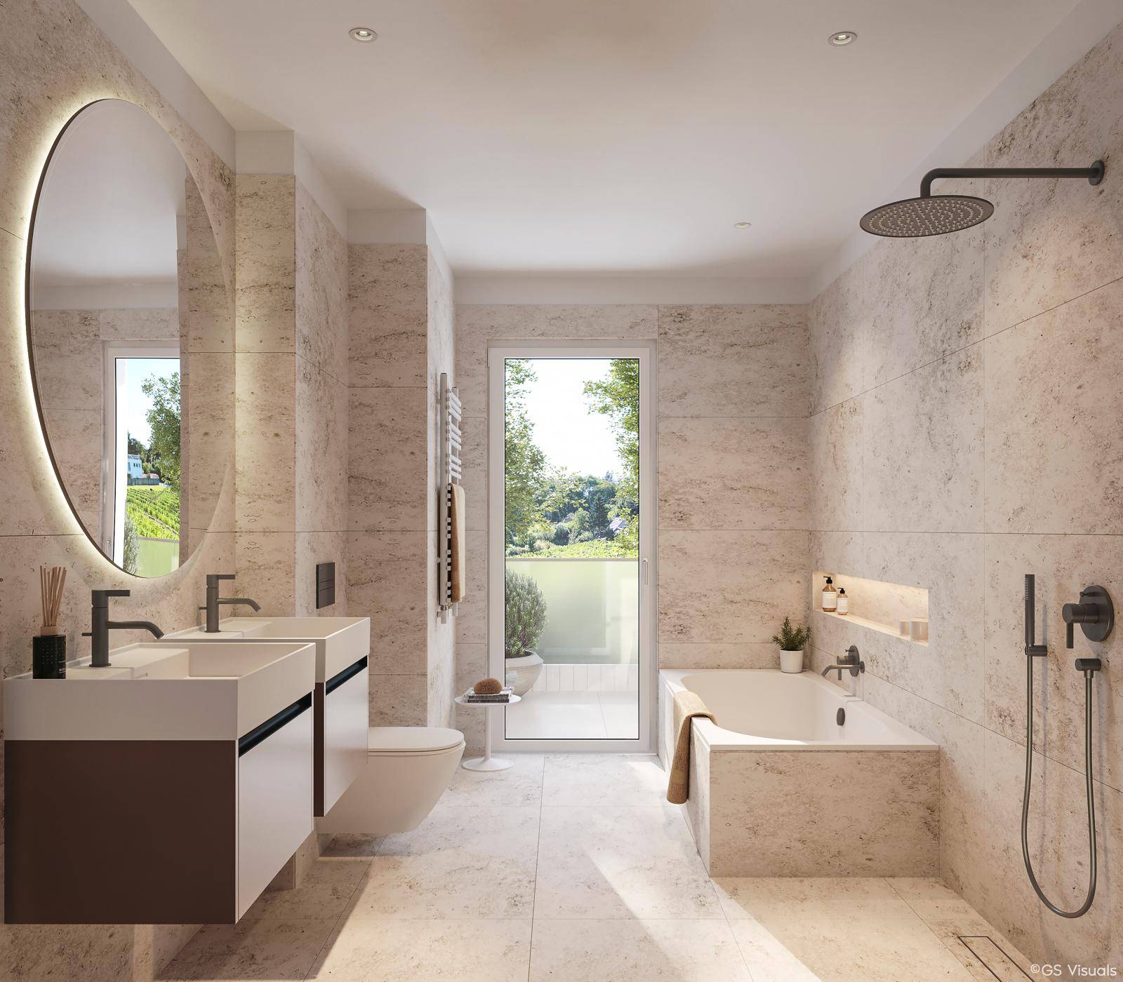 Modernes Badezimmer mit Doppelwaschbecken, Badewanne, Regendusche und Zugang zum Balkon.