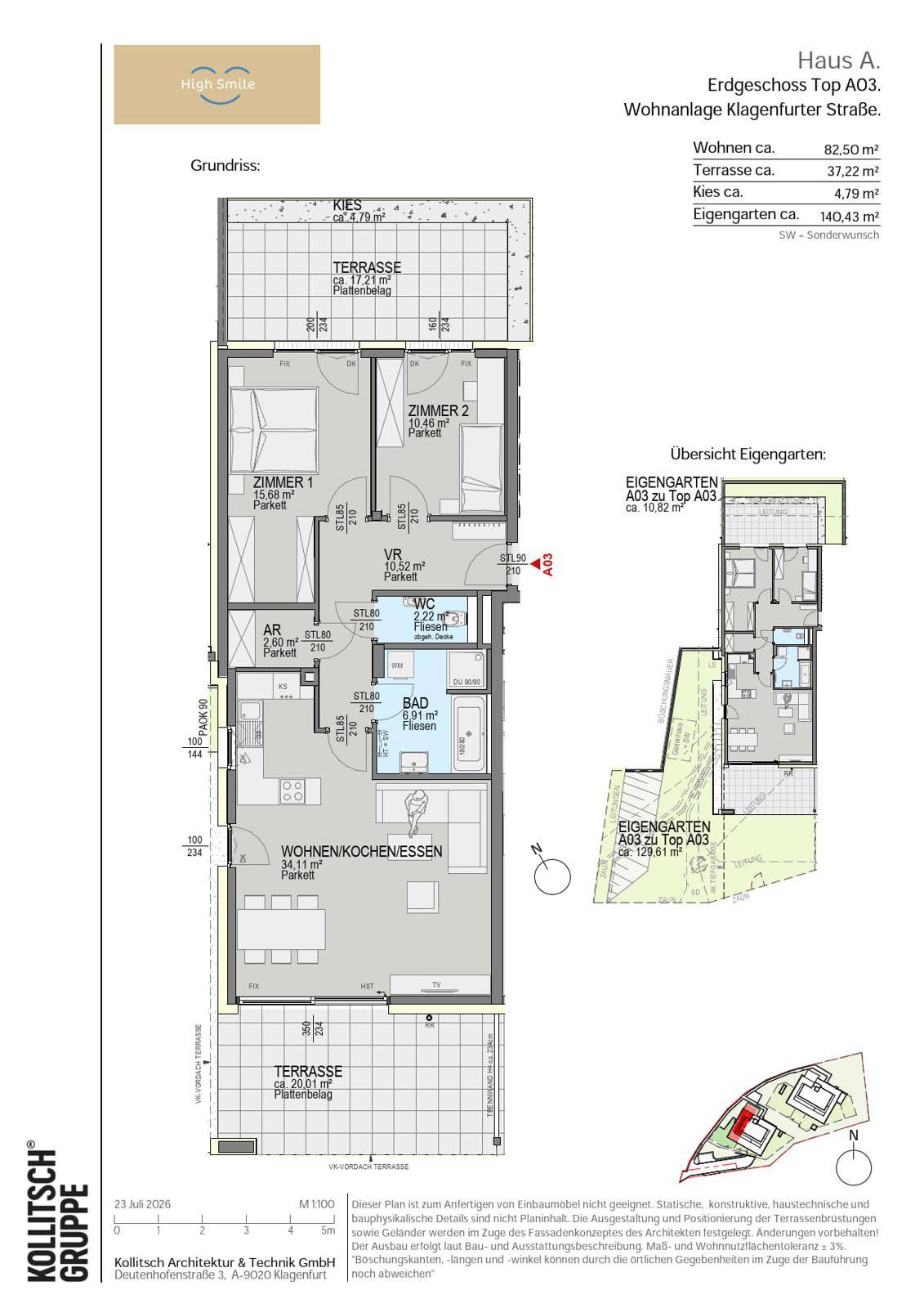 Grundriss einer Erdgeschosswohnung mit offenem Wohn-Essbereich, zwei Schlafzimmern, Bad, separatem WC und zwei Terrassen sowie einem Eigengarten.
