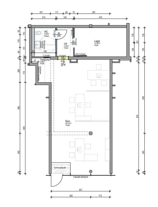 Grundriss des Büros mit Lager, WC und Teeküche, inklusive Maßen.