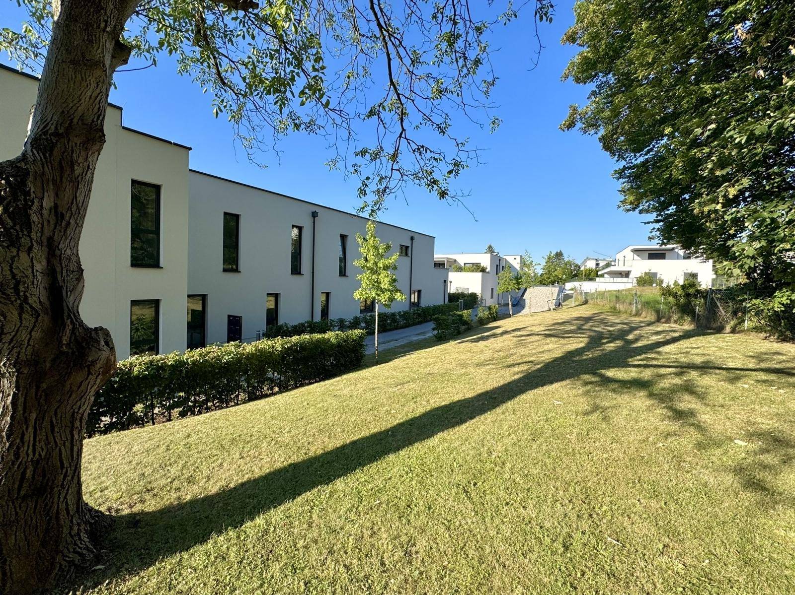 Moderne Wohngebäude mit weißen Fassaden und dunklen Fenstern, eingebettet in eine grüne Landschaft.