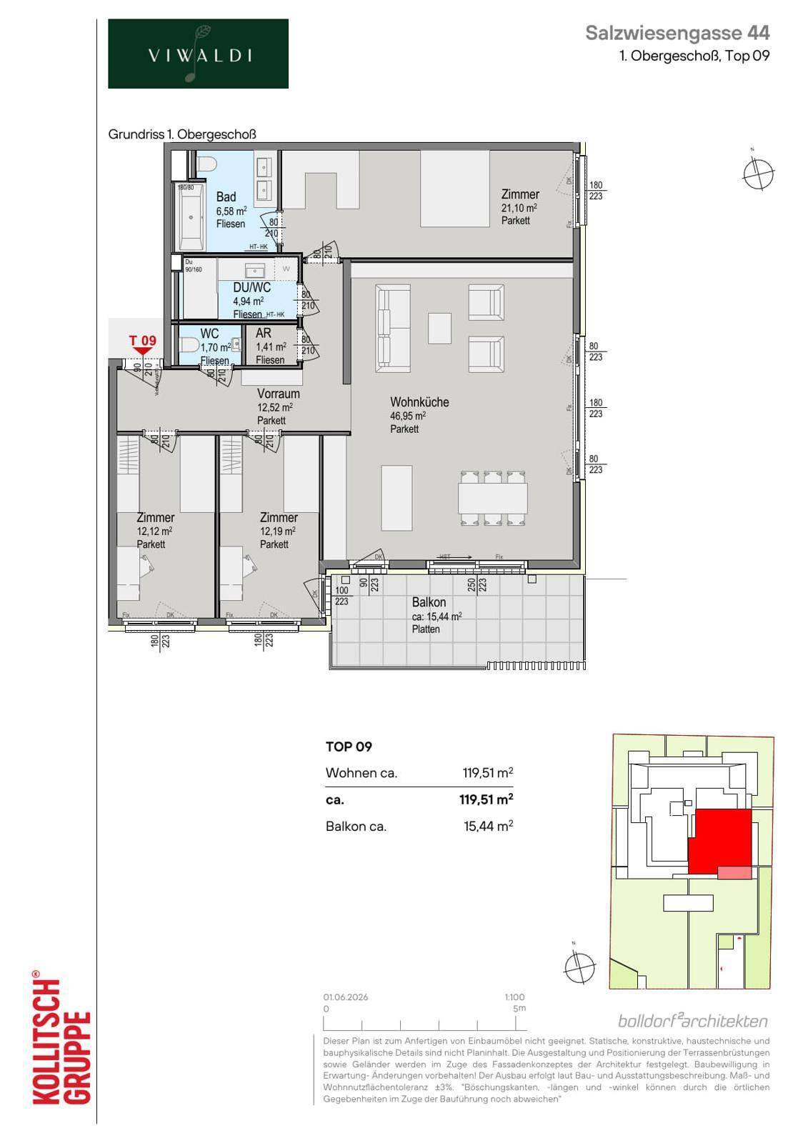 Grundriss der Wohnung TOP 09 mit drei Zimmern, Wohnküche und Balkon.