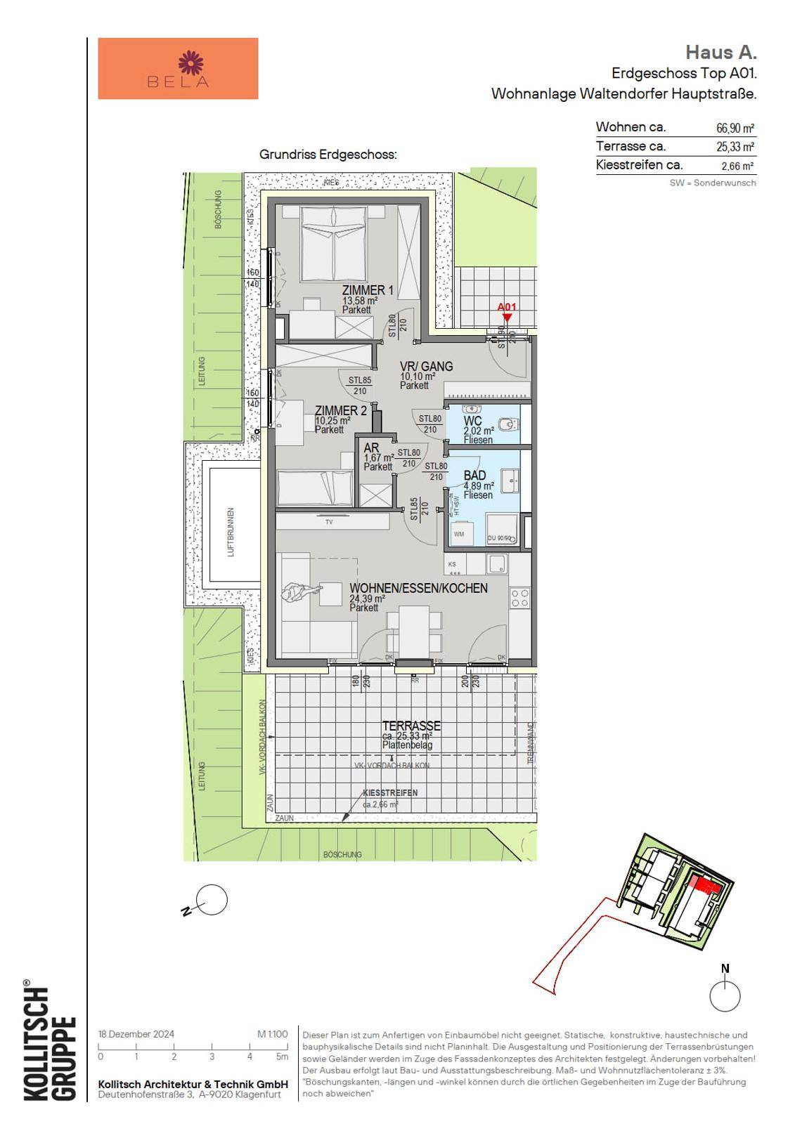 Grundriss des Erdgeschosses mit zwei Schlafzimmern, offenem Wohnbereich und großer Terrasse.