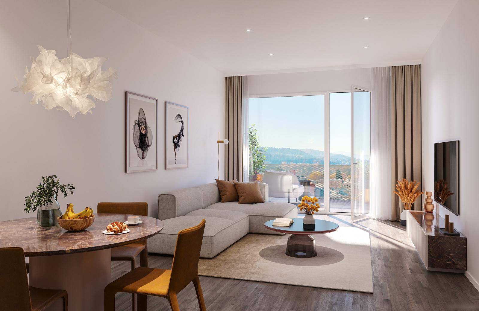 Lichtdurchfluteter Wohn-Essbereich mit modernem Design, Holzboden und weitem Ausblick.