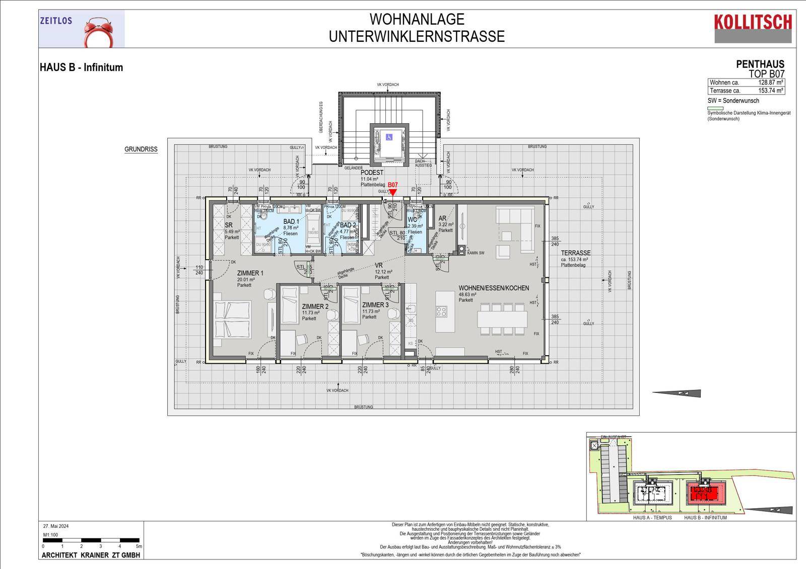 Grundriss eines Penthouses mit drei Schlafzimmern, offenem Wohn-Ess-Kochbereich und großer Terrasse.