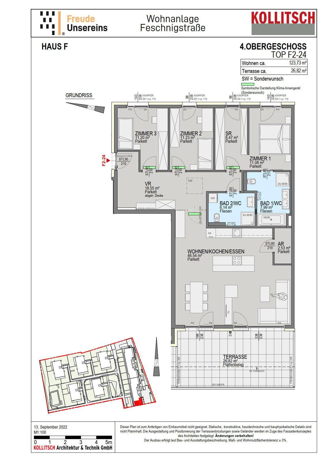 Detaillierter Grundriss einer Wohnung im 4. Obergeschoss mit großer Terrasse und drei Zimmern.