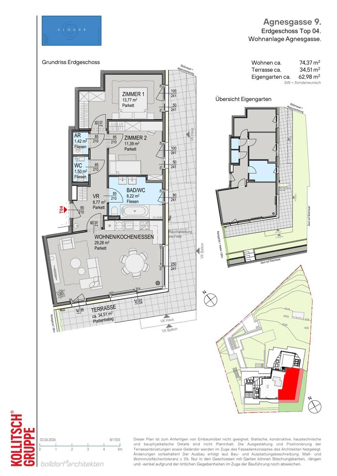 Grundriss des Erdgeschosses mit Terrasse und Gartenanteil, inklusive Zimmer und Nasszellen.
