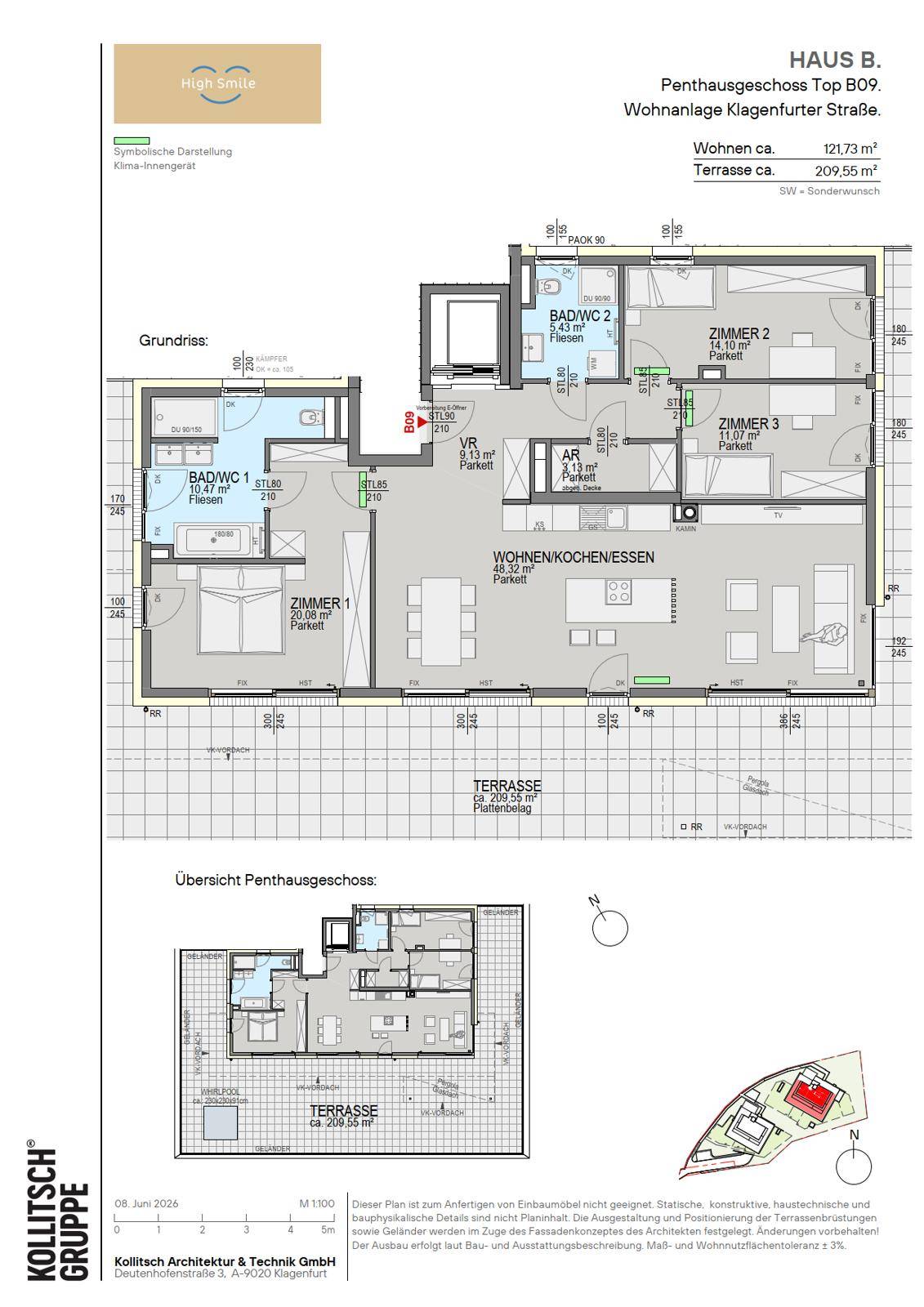 Grundriss des Penthausgeschosses Top B09 mit drei Zimmern, zwei Bädern und großer Terrasse.