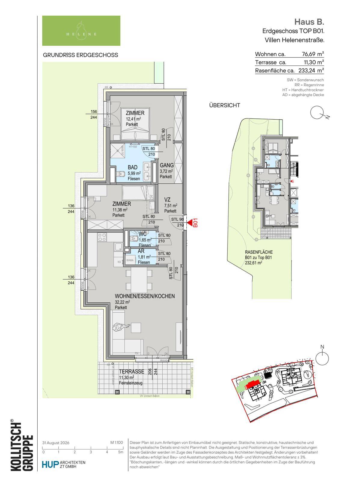 Grundriss des Erdgeschosses mit offenem Wohnbereich, zwei Schlafzimmern und großer Terrasse.