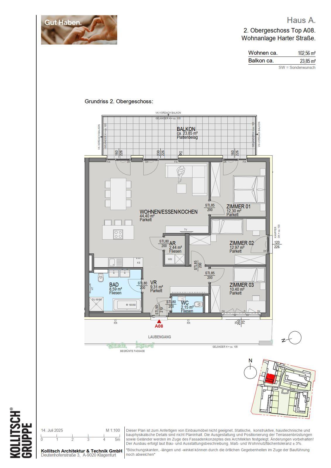 Grundriss einer Wohnung im zweiten Obergeschoss mit drei Zimmern und offenem Wohnbereich.