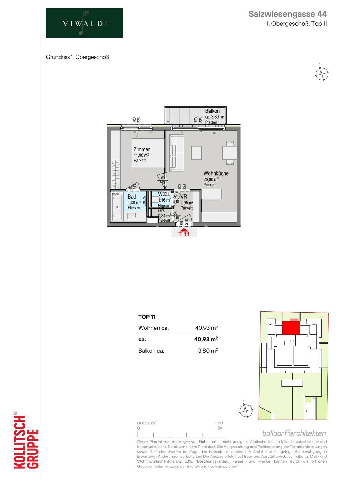 Grundriss der Wohnung TOP 11 mit Wohnküche, Bad, WC und Balkon.