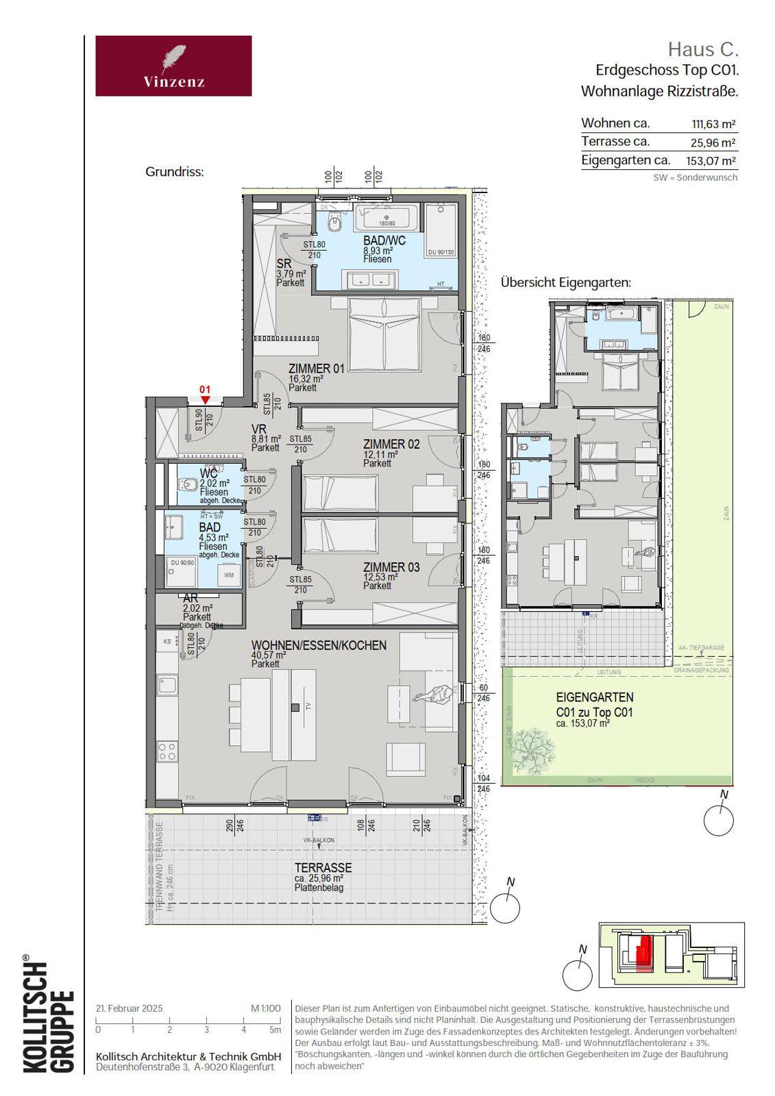 Grundriss einer Erdgeschosswohnung mit offenem Wohnbereich, drei Schlafzimmern, zwei Bädern, separatem WC, Terrasse und eigenem Garten.
