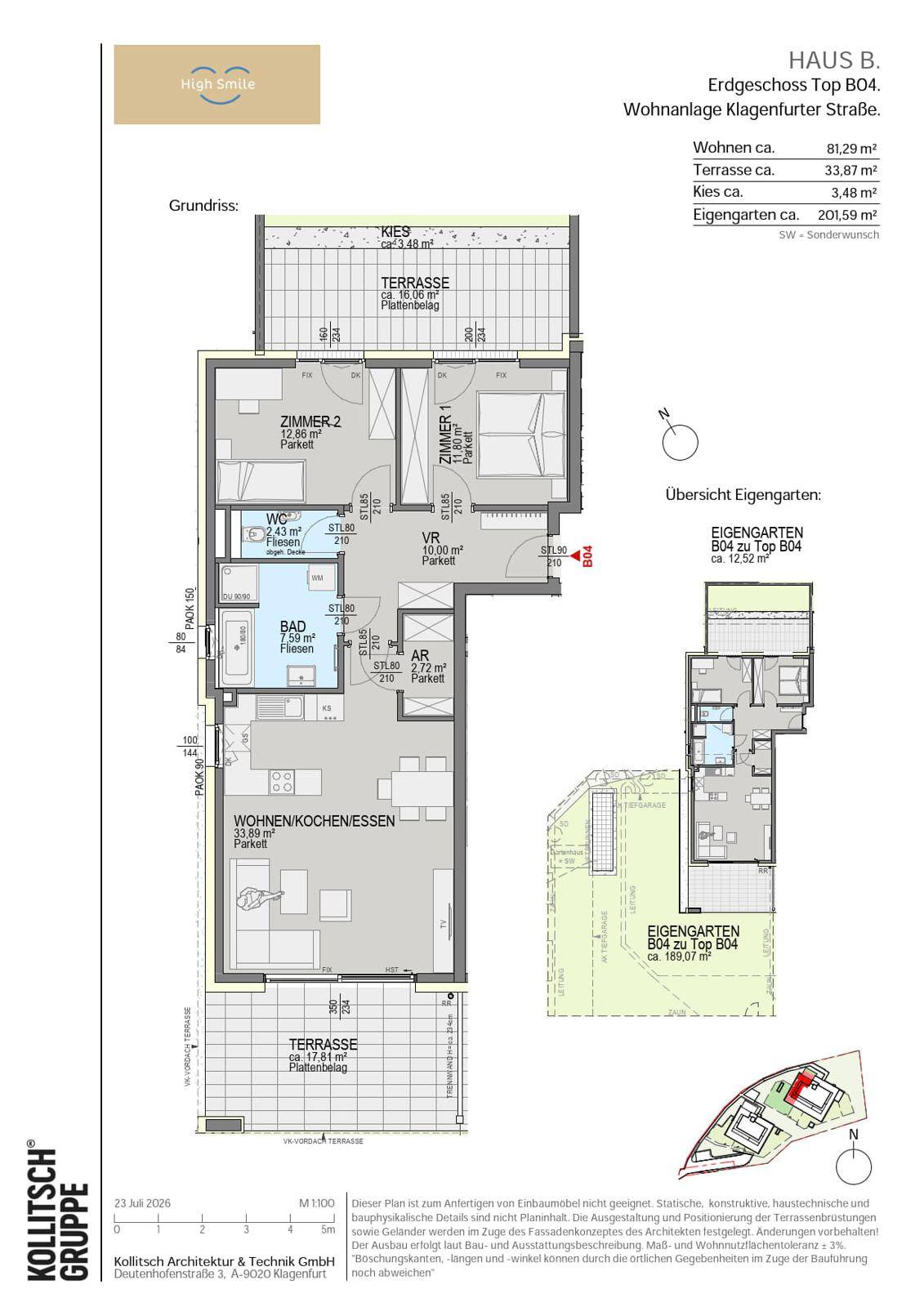 Grundriss einer Erdgeschosswohnung mit offenem Wohnbereich, zwei Schlafzimmern, Bad, WC, zwei Terrassen und privatem Garten.