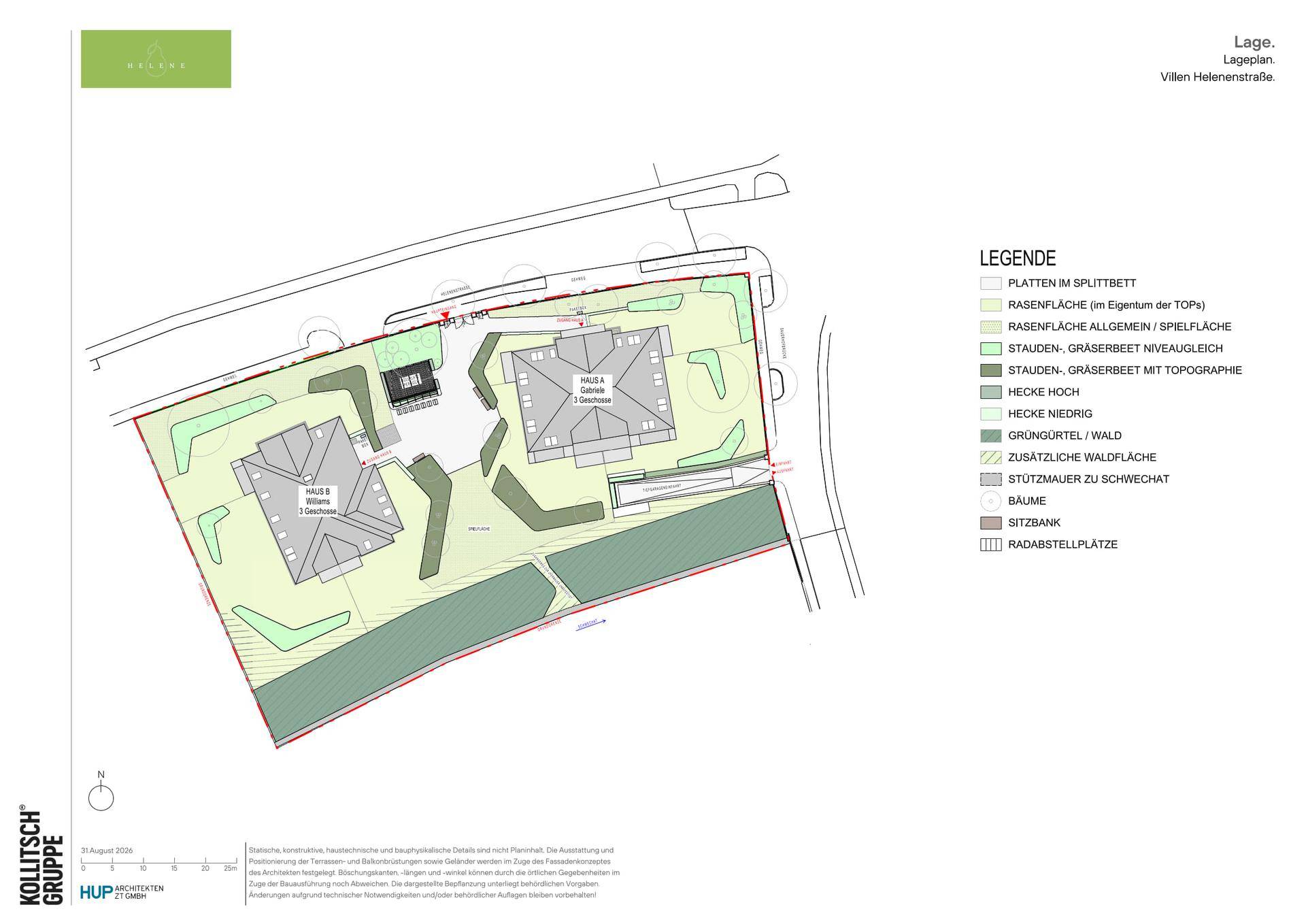 Lageplan der Villen Helenstraße mit zwei Gebäuden, Grünflächen, Spielplatz und Fahrradabstellplätzen.