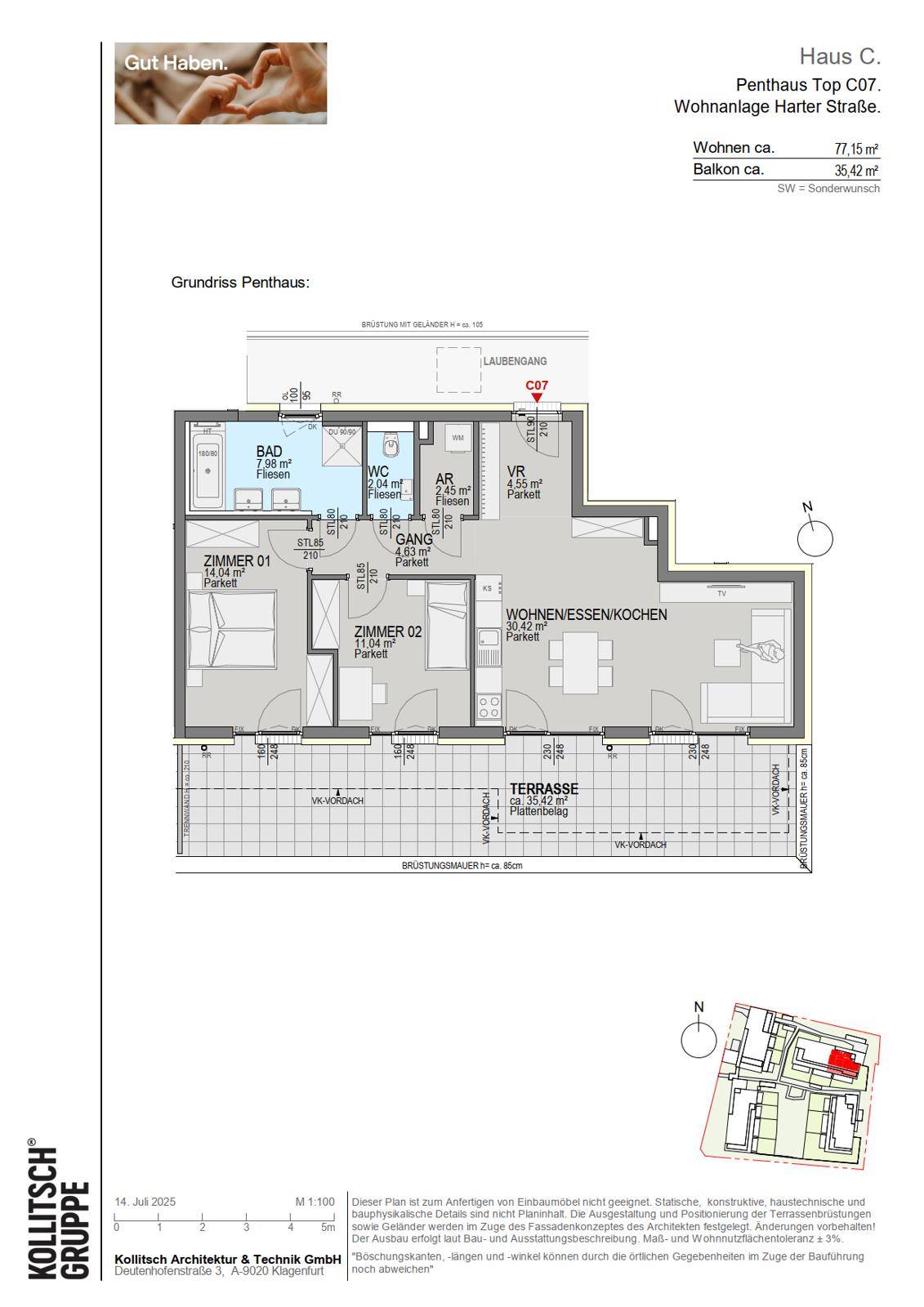 Grundriss eines Penthauses mit zwei Schlafzimmern, offenem Wohnbereich und großer Terrasse.