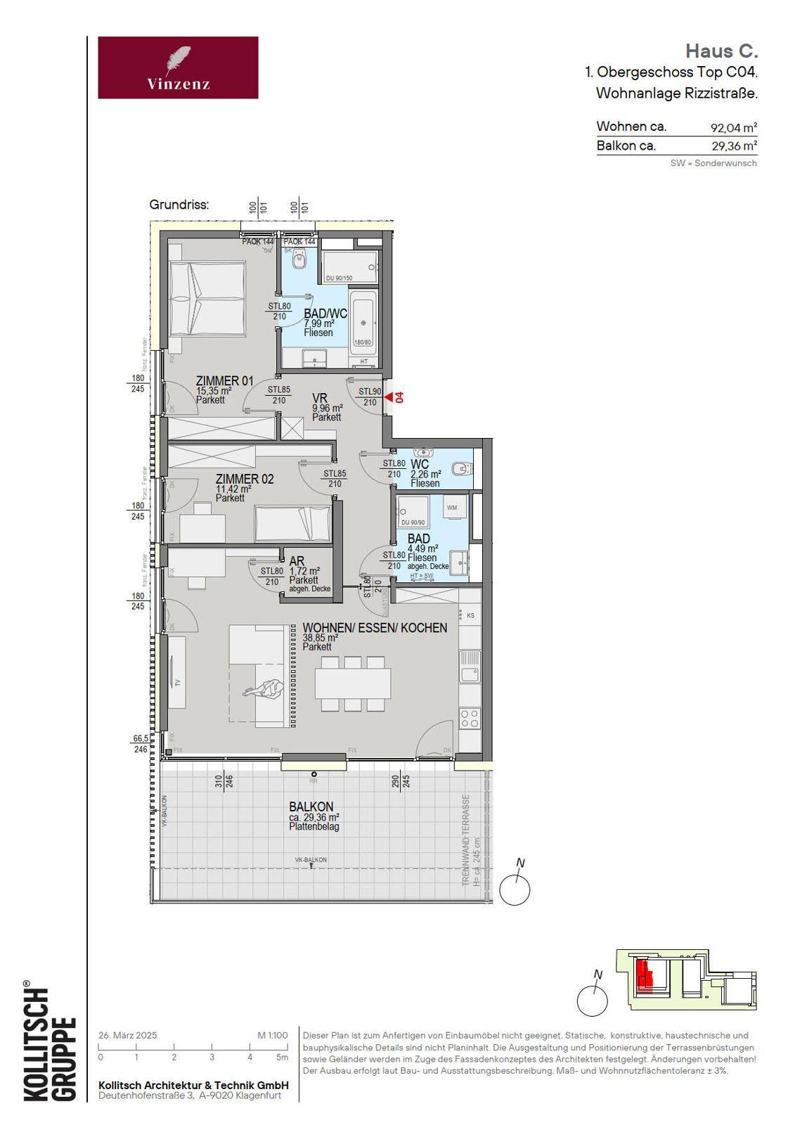 Grundriss einer Obergeschosswohnung mit offenem Wohnbereich, zwei Bädern, separatem WC und großem Balkon.