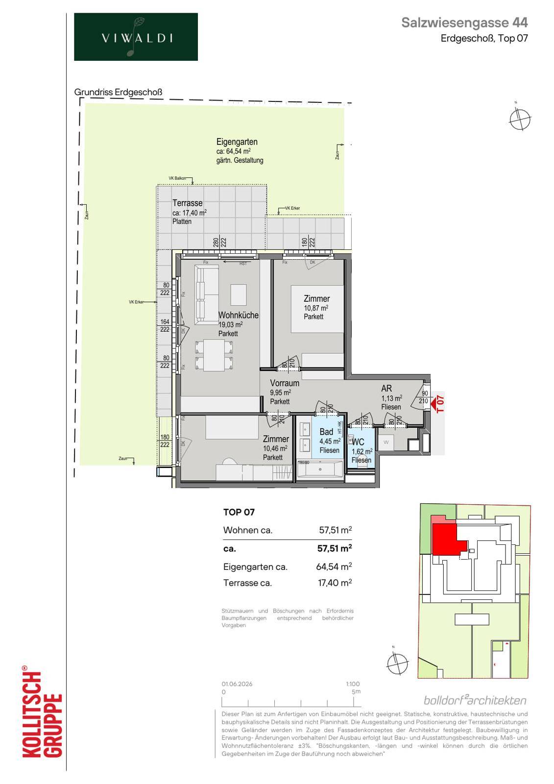 Grundriss einer Erdgeschosswohnung mit Wohnküche, zwei Zimmern, Bad, WC, Terrasse und Garten.