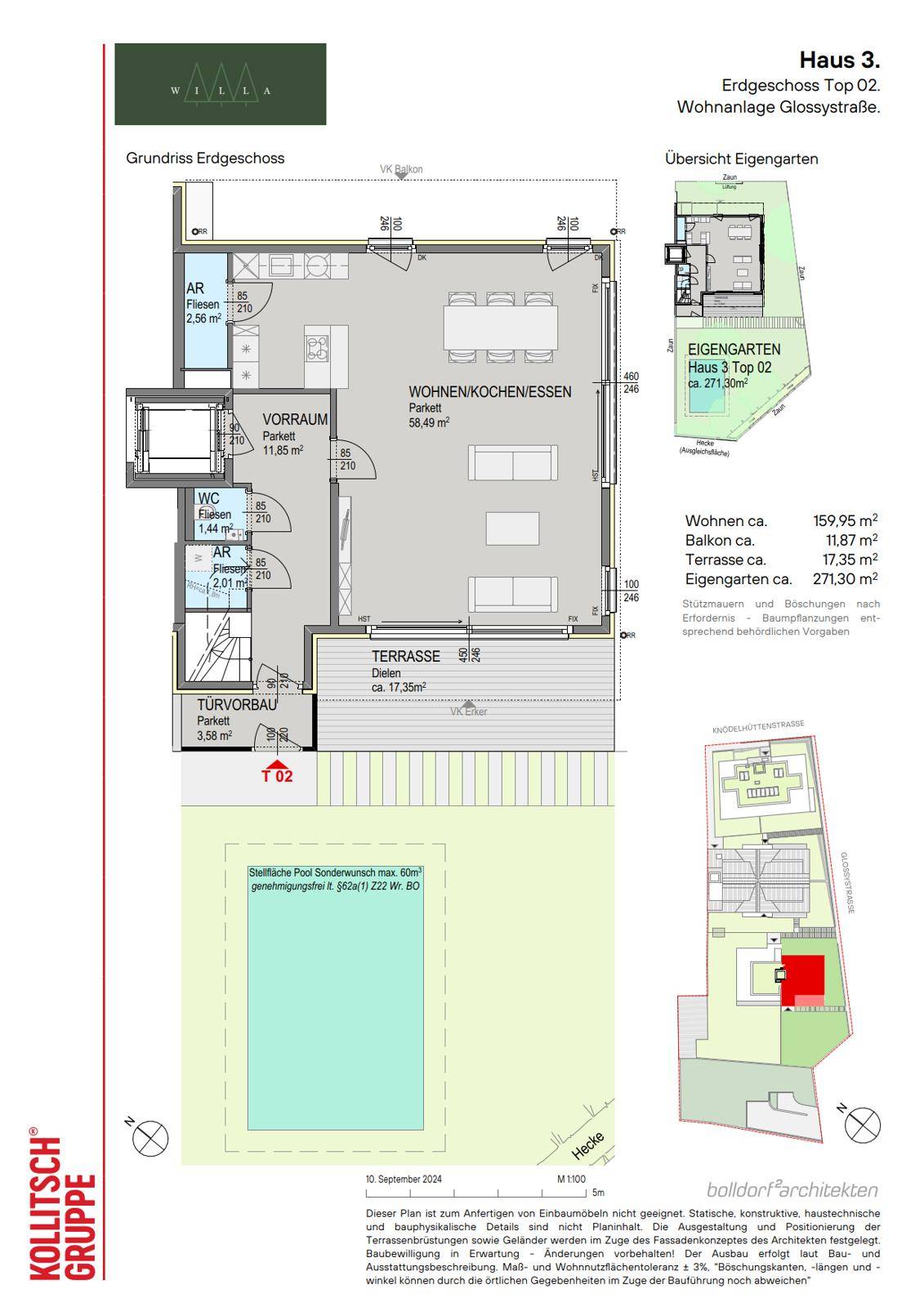 Grundriss des Erdgeschosses mit offenem Wohn-Koch-Essbereich, Terrasse und Eigengarten.