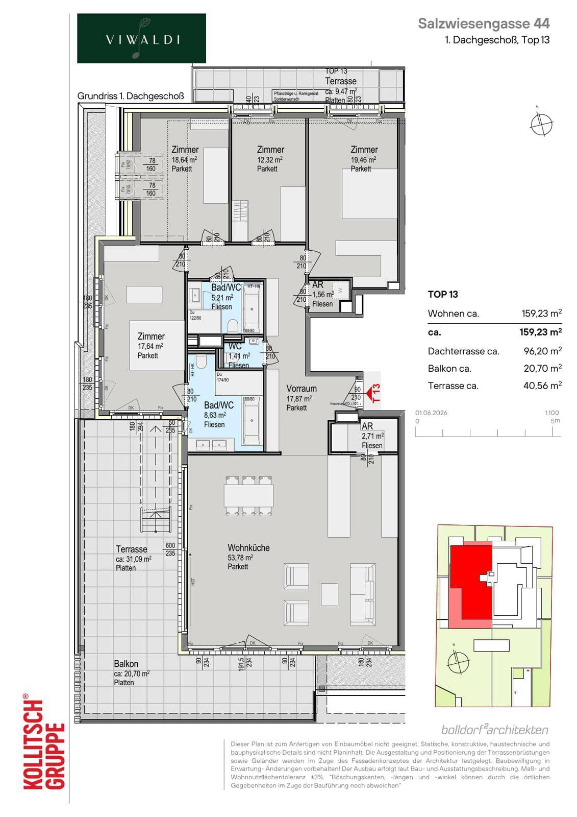 Grundriss des ersten Dachgeschosses mit Wohnküche, mehreren Zimmern, Bädern und großzügigen Terrassen.