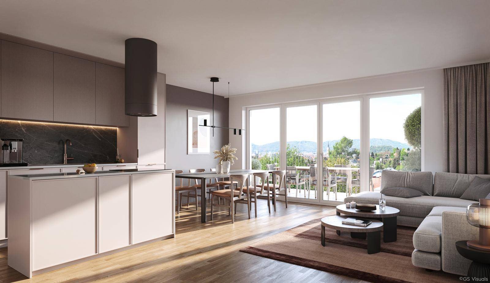 Heller, offener Wohn-Essbereich mit moderner Küche, Holzboden und großen Fenstern mit Ausblick.