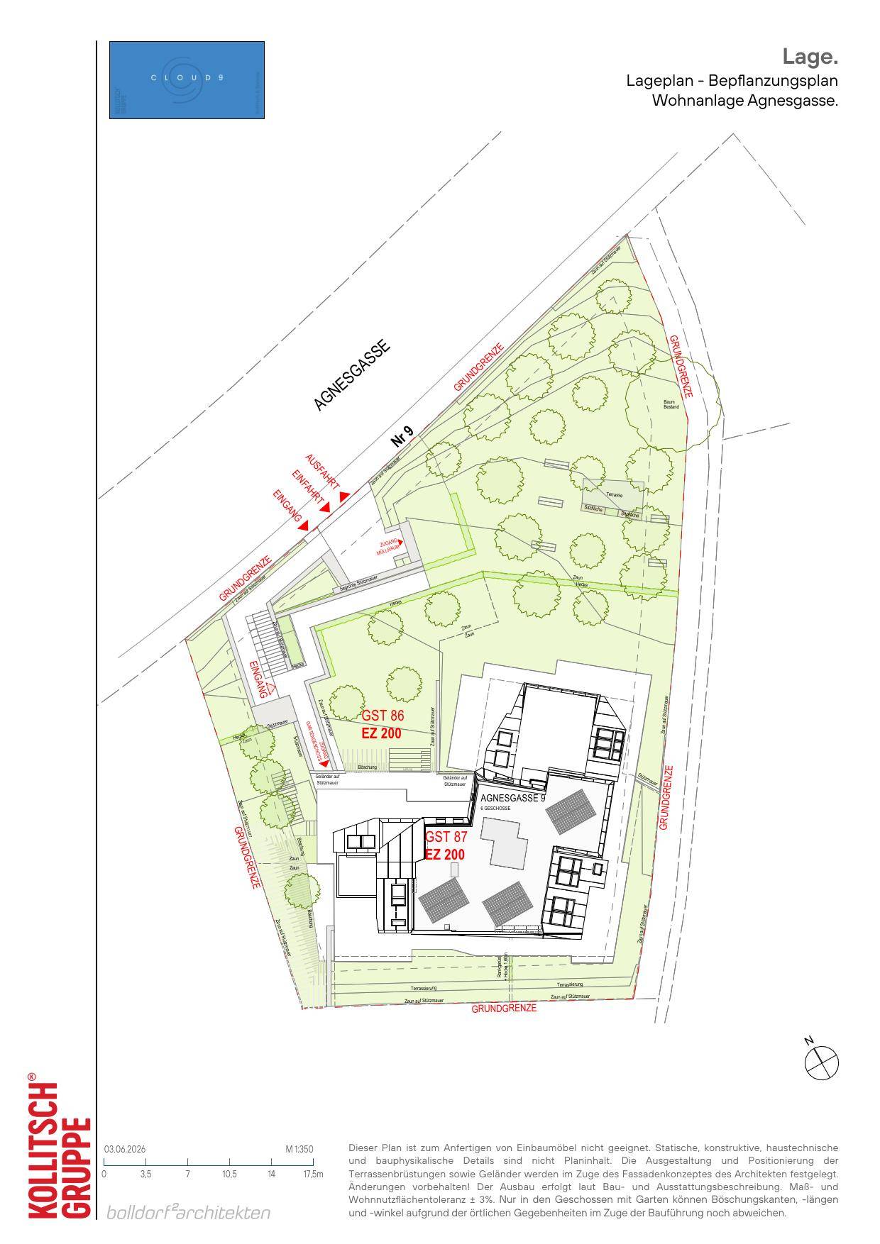 Lageplan des Wohnprojekts mit Bepflanzungsplan und Grundstücksgrenzen an der Agnesgasse.