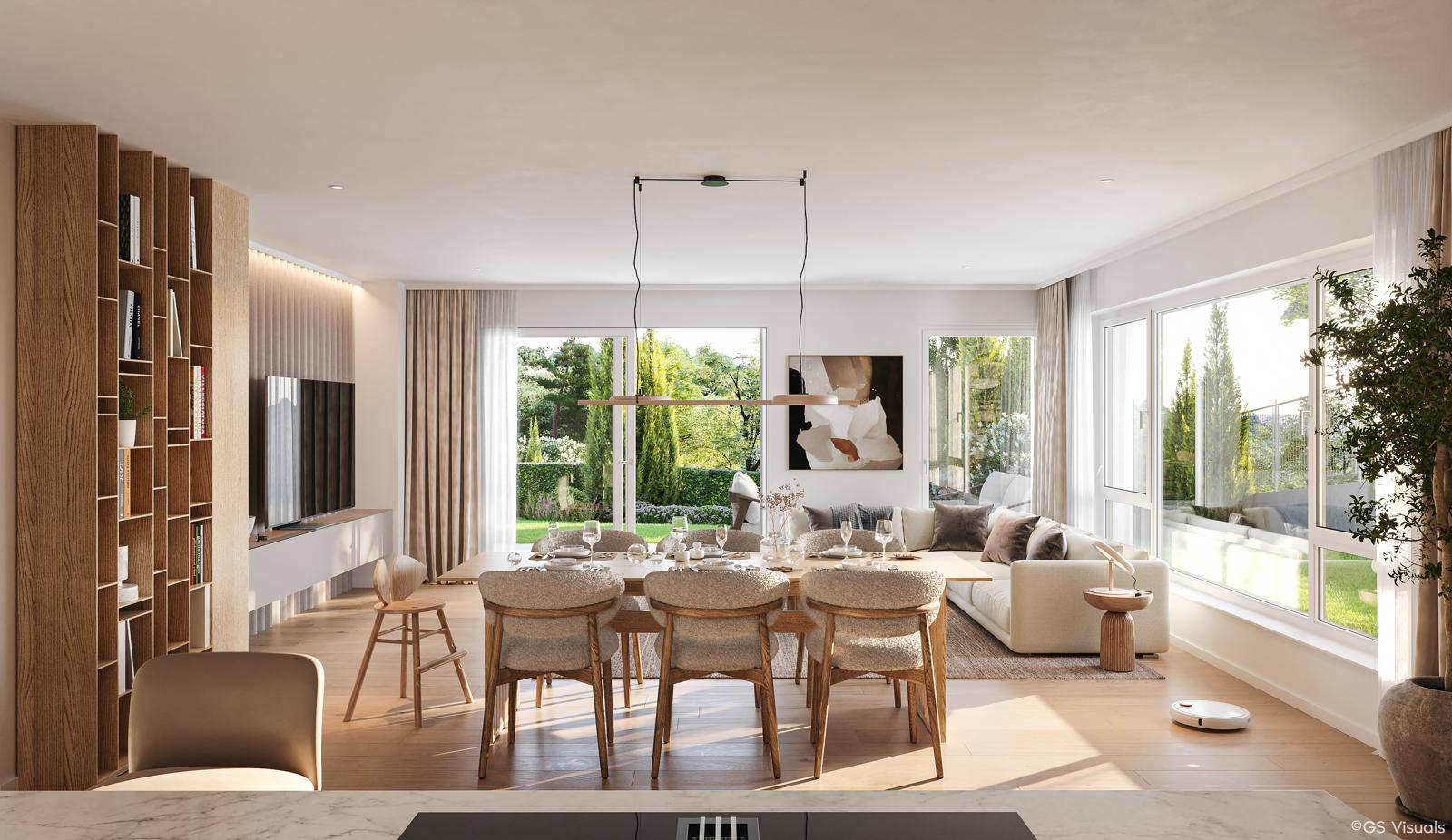 Helles, offenes Wohn-Esszimmer mit großen Fenstern, Holzboden und Blick ins Grüne.
