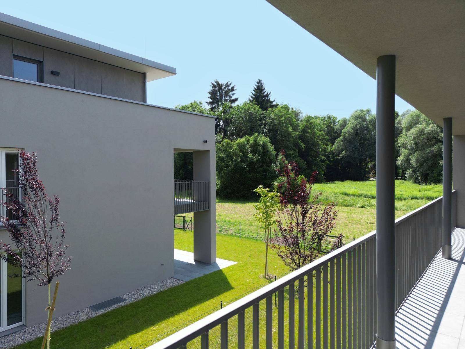 Blick von einem Balkon auf eine weite grüne Wiese und Bäume unter strahlendem Sonnenschein.
