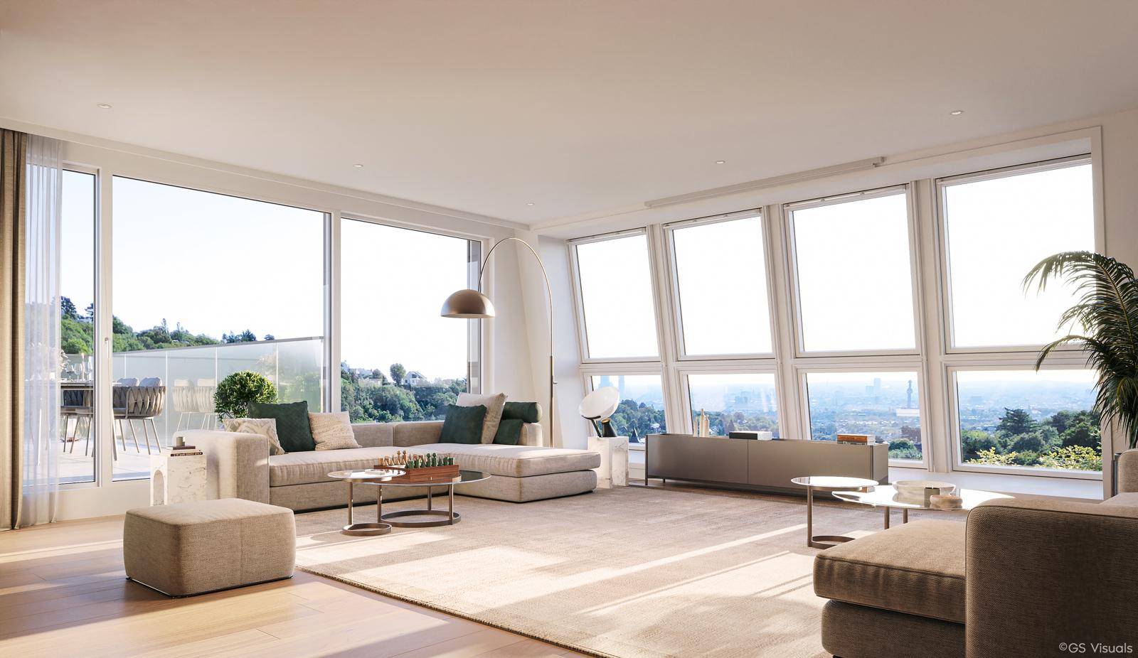 Großzügiges Wohnzimmer mit bodentiefen Fenstern, Holzboden und weitem Stadtblick.