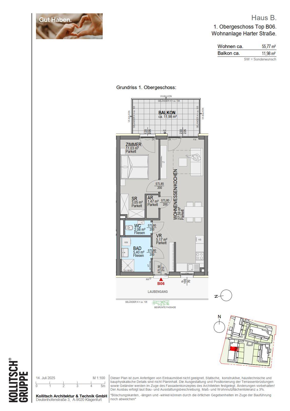 Grundrissplan einer Wohnung im ersten Obergeschoss mit offenem Wohnbereich und Balkon.