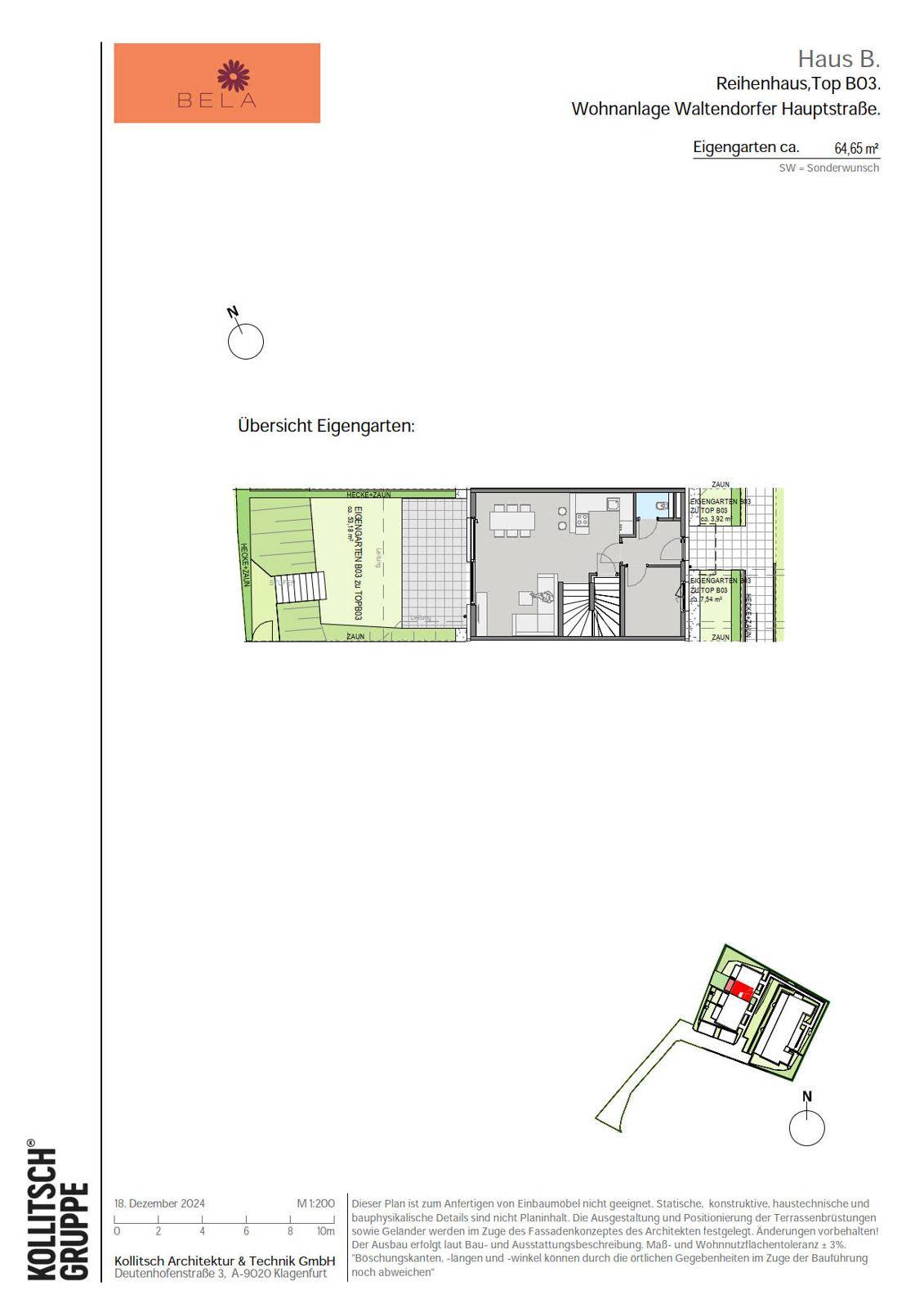 Grundriss des Erdgeschosses mit Wohn-/Ess-/Kochbereich, WC und Zugang zum Eigengarten.