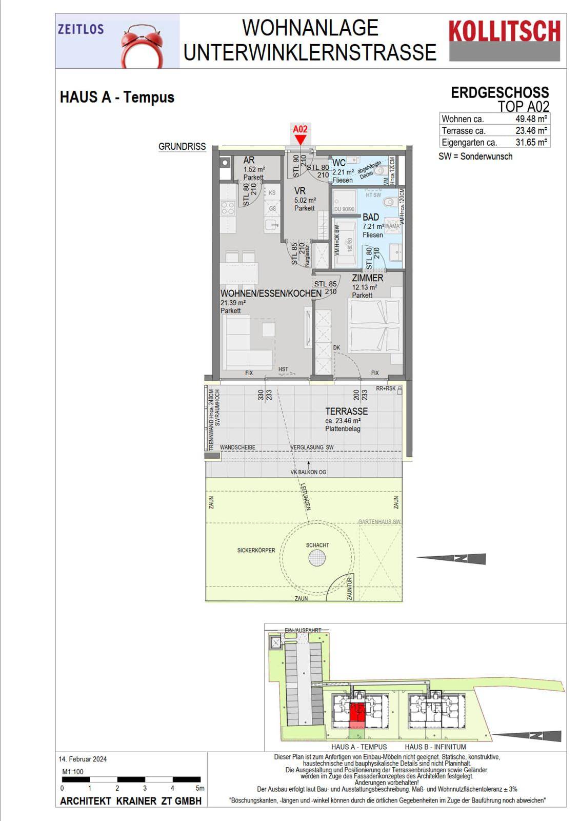 Grundriss des Erdgeschosses Top A02 mit offenem Wohnbereich, Terrasse und Gartenanteil.