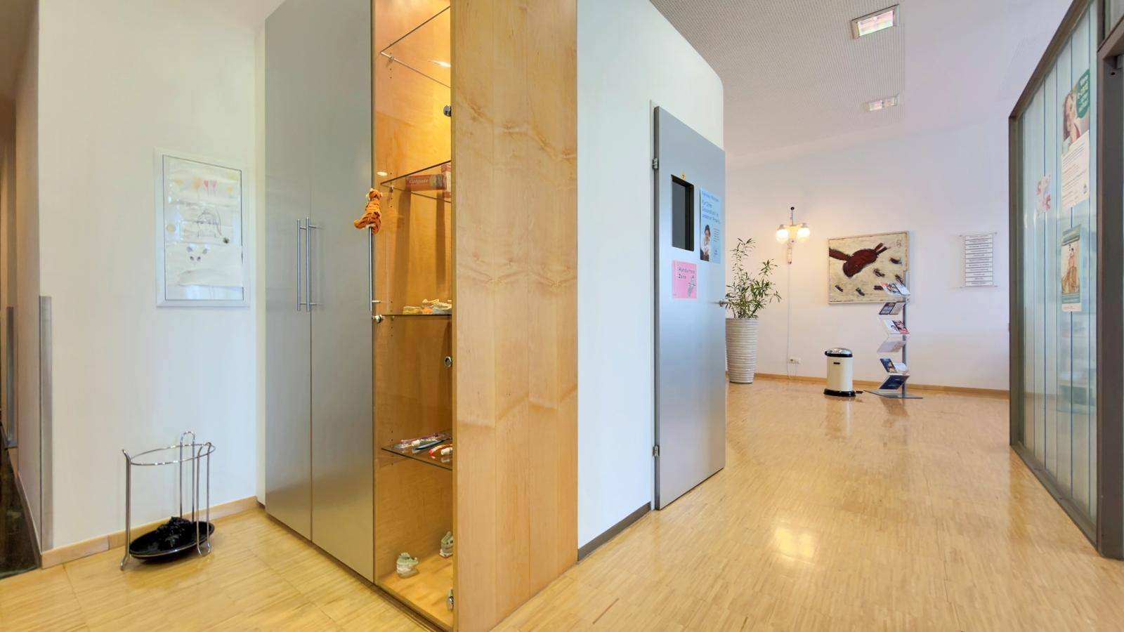 Geräumiger Flur mit moderner Metalltür, Garderobe und Holzboden.