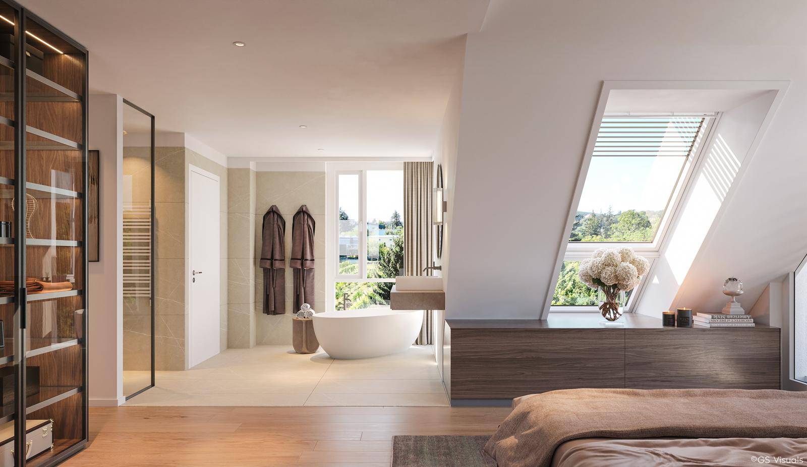 Helles Schlafzimmer mit Dachschräge, Holzboden und offenem Zugang zu einem modernen Bad.
