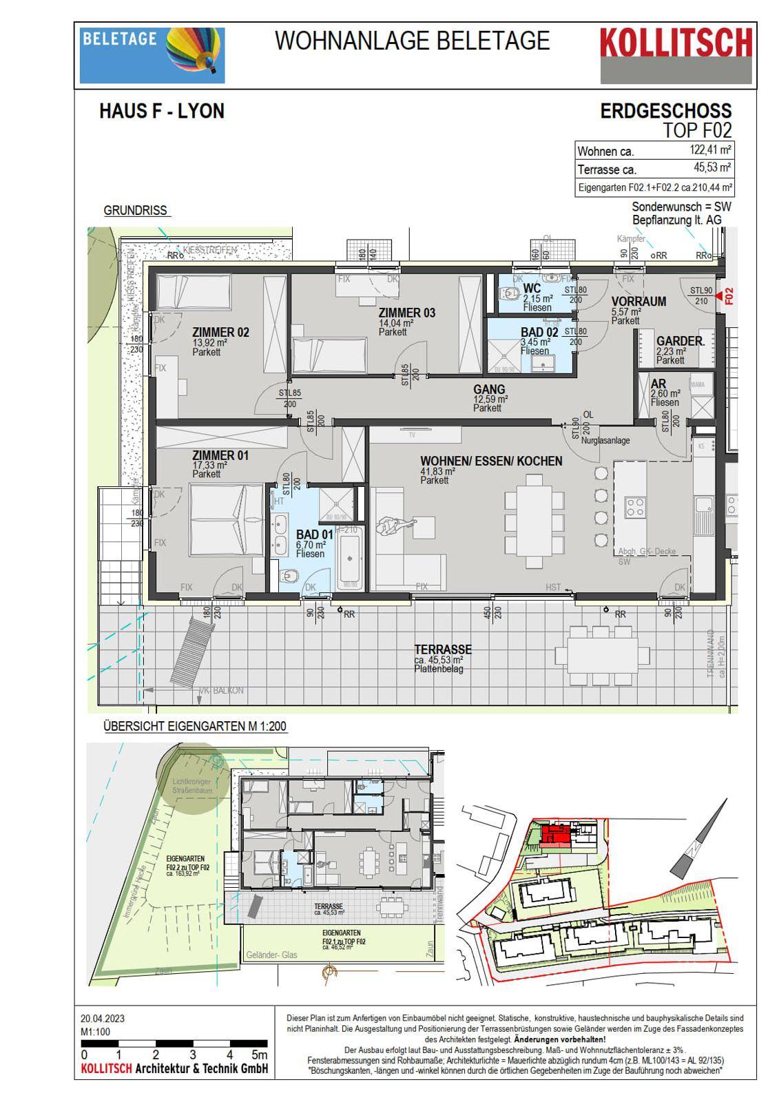Grundriss der Erdgeschosswohnung mit drei Zimmern, zwei Bädern und großer Terrasse.