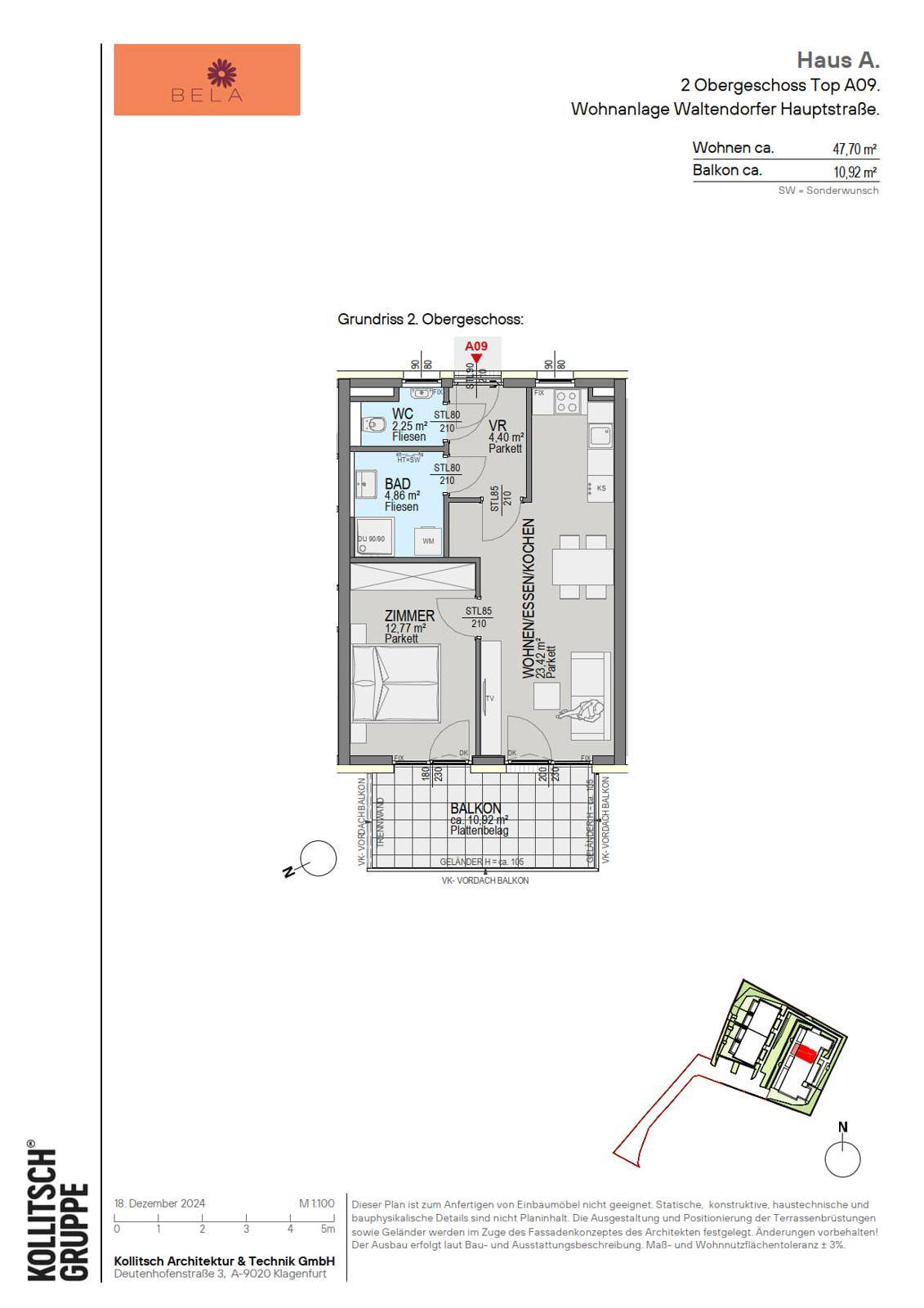 Dieser Grundriss präsentiert eine effiziente Raumaufteilung mit einem Schlafzimmer, Bad, separatem WC und einem großzügigen Balkon.
