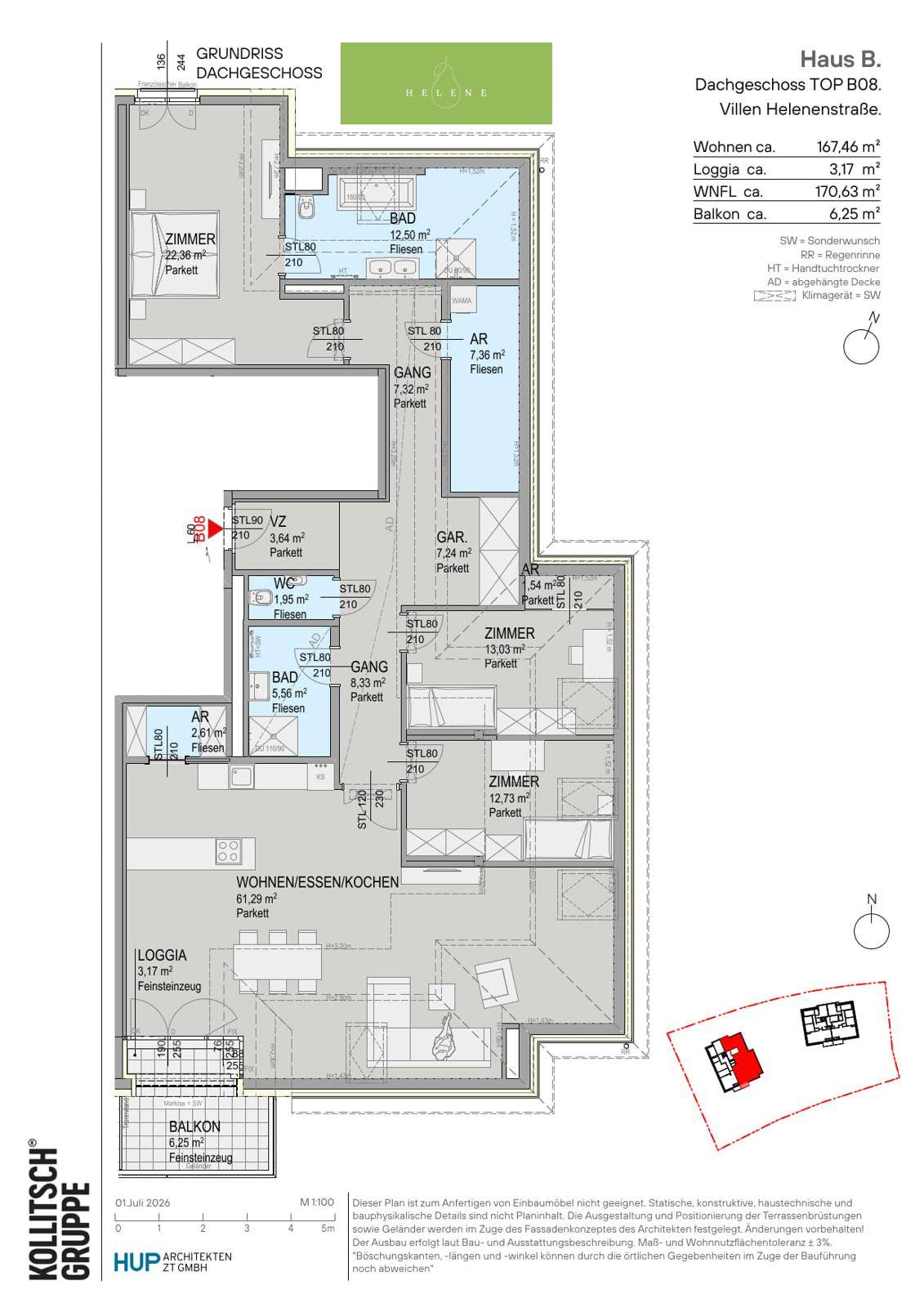 Detaillierter Grundriss des Dachgeschosses mit mehreren Zimmern, Bädern, Loggia und Balkon.