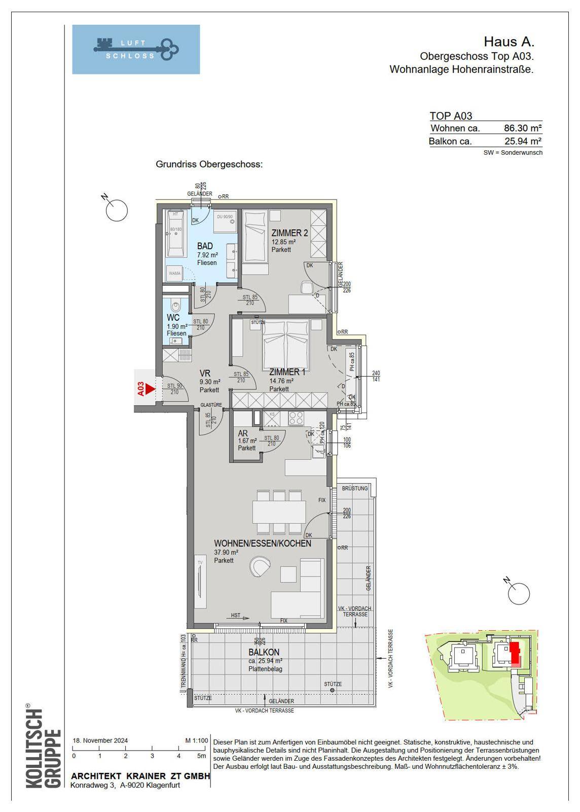 Grundriss einer Obergeschosswohnung mit offenem Wohn-Ess-Kochbereich, zwei Schlafzimmern und einem großen Balkon.