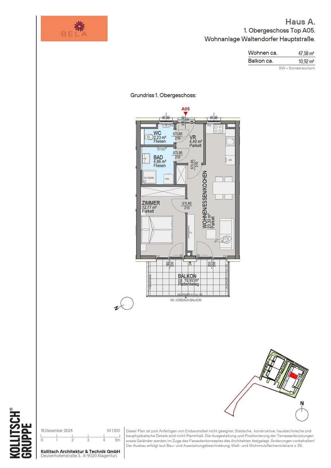 Detaillierter Grundriss einer Wohnung mit offenem Wohn-Essbereich, einem Schlafzimmer und Balkon.