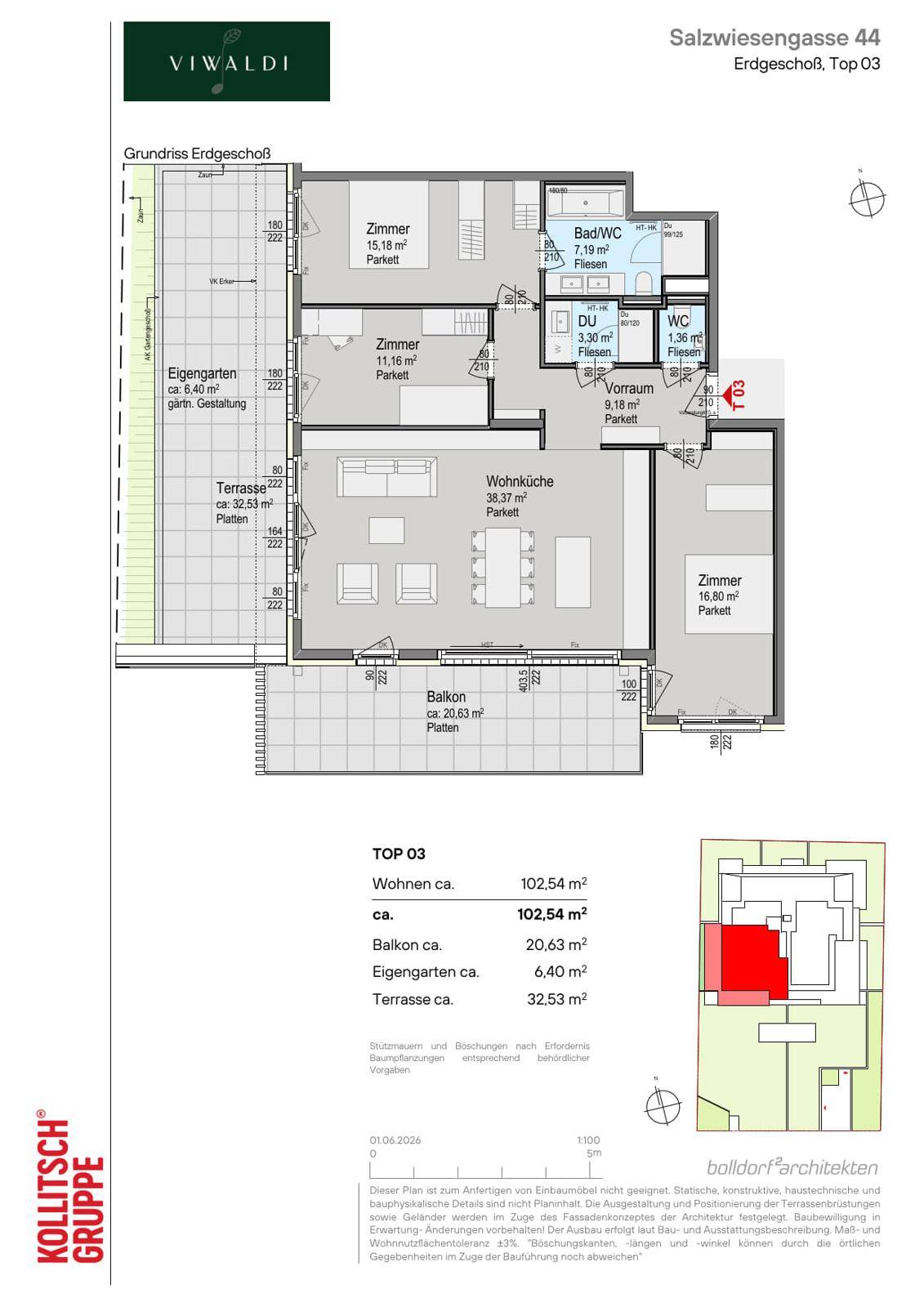 Grundriss einer Erdgeschosswohnung mit Wohnküche, mehreren Zimmern, Bad, Terrasse, Balkon und Eigengarten.