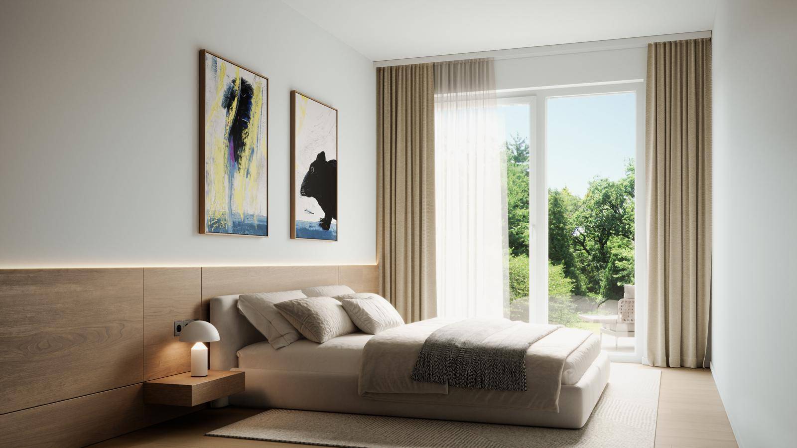 Helles Schlafzimmer mit Holzkopfteil, großen Fenstern und Blick auf die umliegende Natur.