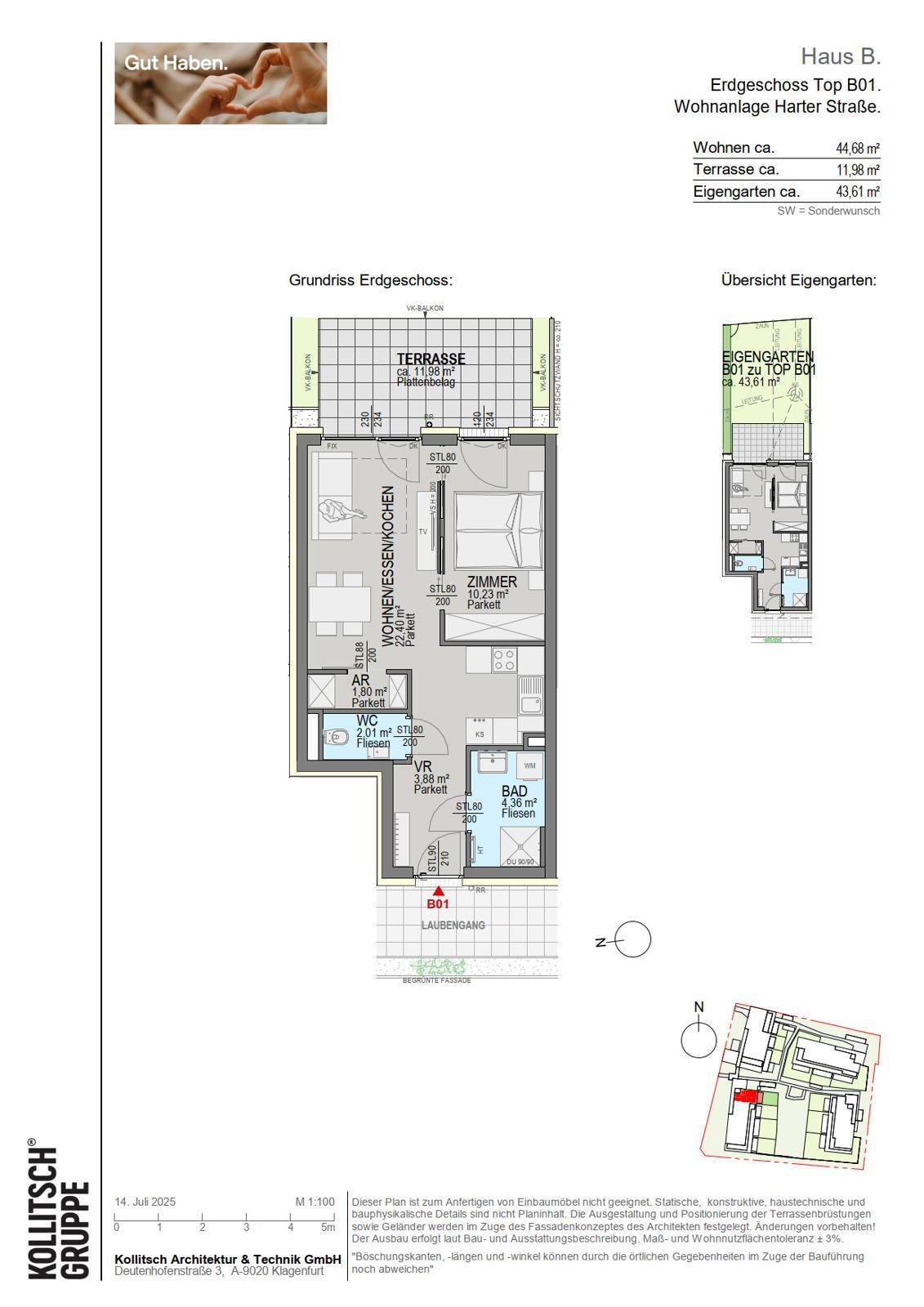 Grundriss des Erdgeschosses Top B01 mit Wohnbereich, Schlafzimmer, Bad und Terrasse.