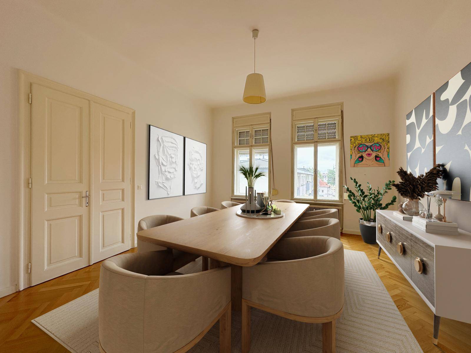 Eleganter Essbereich mit großem Holztisch, bequemen Stühlen und Fischgrätparkettboden.