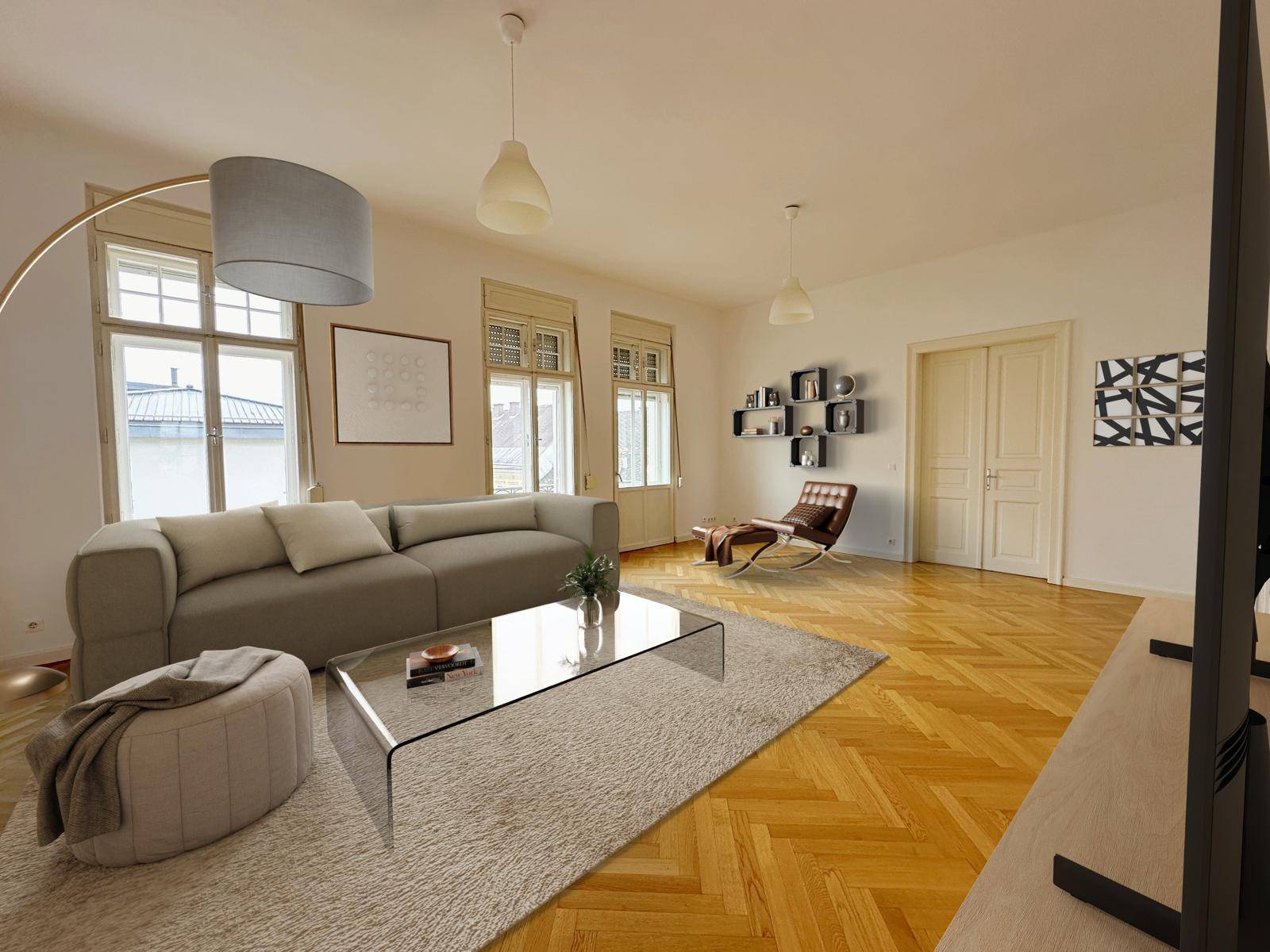 Geräumiges Wohnzimmer mit stilvoller Einrichtung, großen Fenstern und hellem Fischgrätparkett.