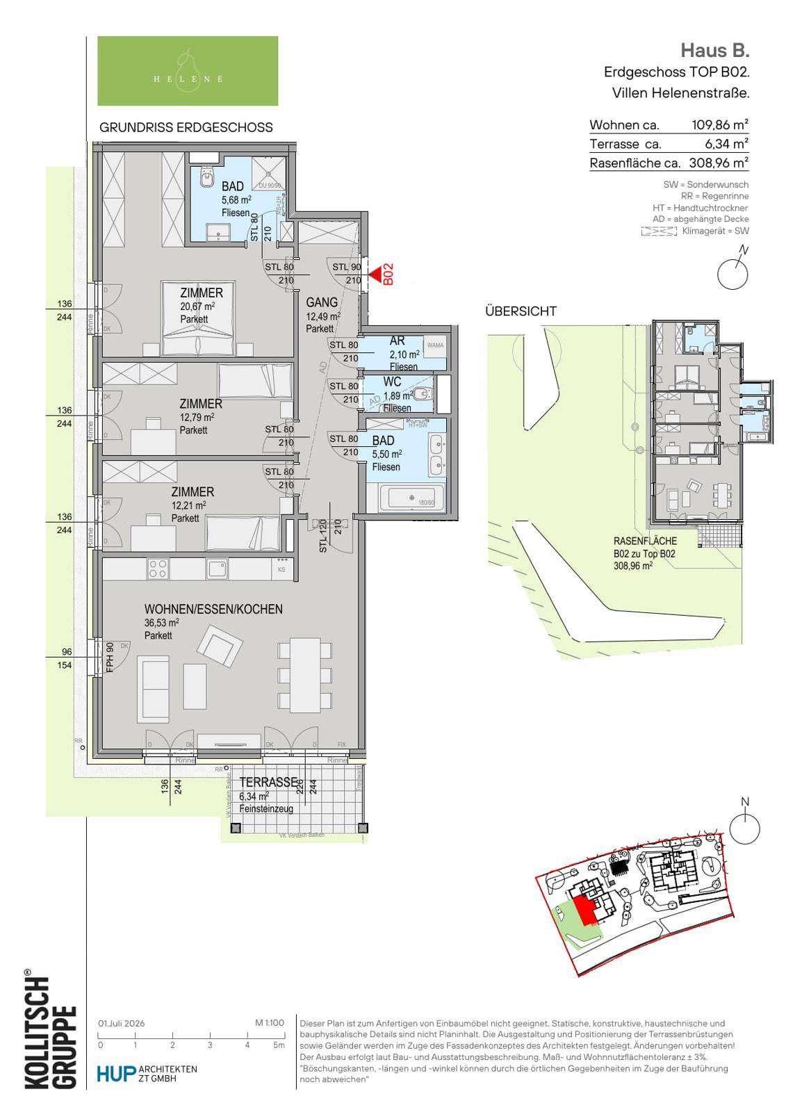 Grundriss des Erdgeschosses mit großem Wohn-/Ess-/Kochbereich, mehreren Zimmern, Bädern und einer Terrasse.