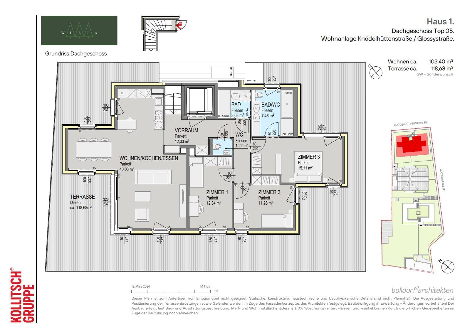Grundriss des Dachgeschosses mit Wohnküche, drei Schlafzimmern und großer Terrasse.