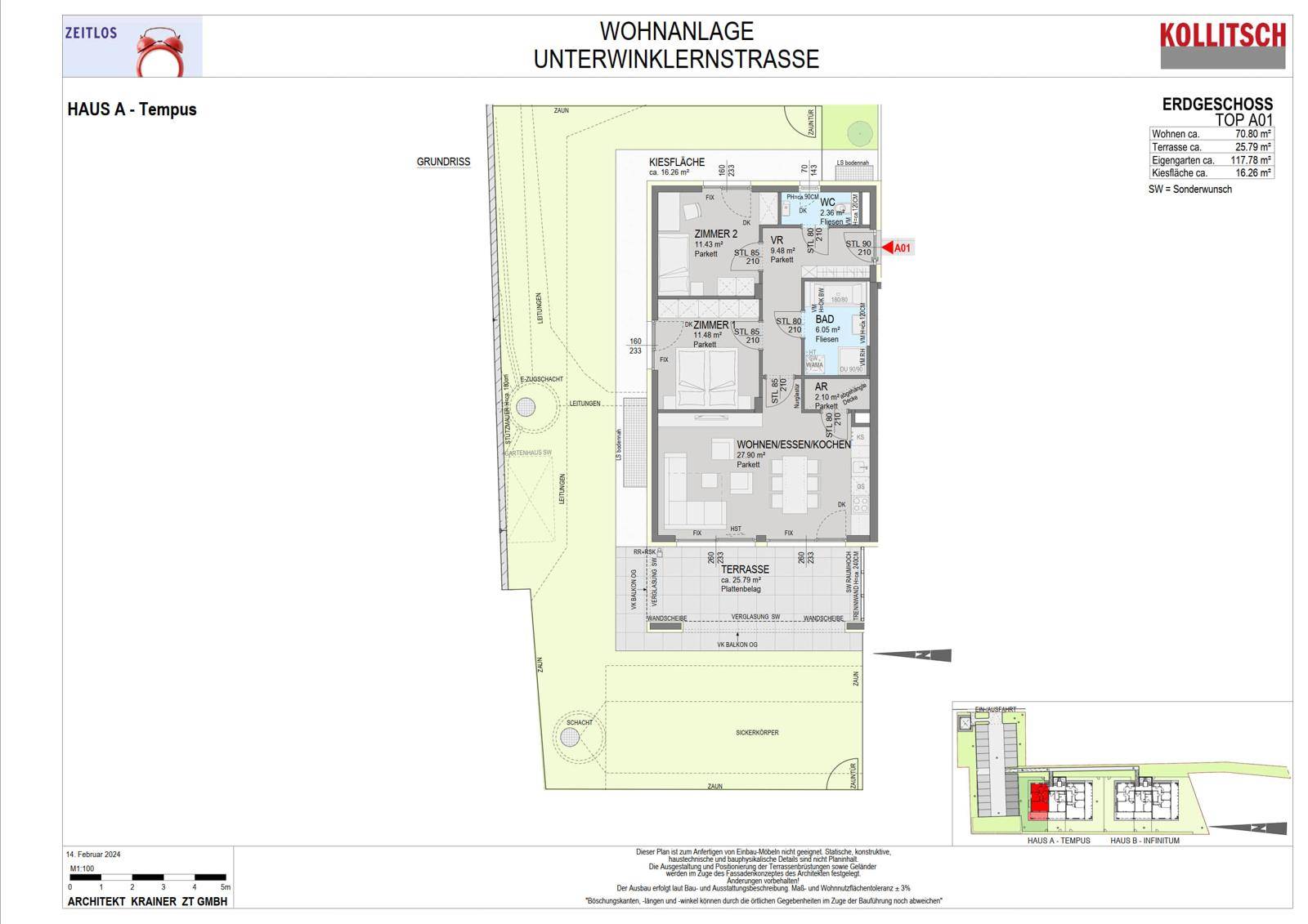 Grundriss des Erdgeschosses mit offenem Wohn-Ess-Kochbereich, zwei Schlafzimmern, Bad, separatem WC und großer Terrasse mit Garten.