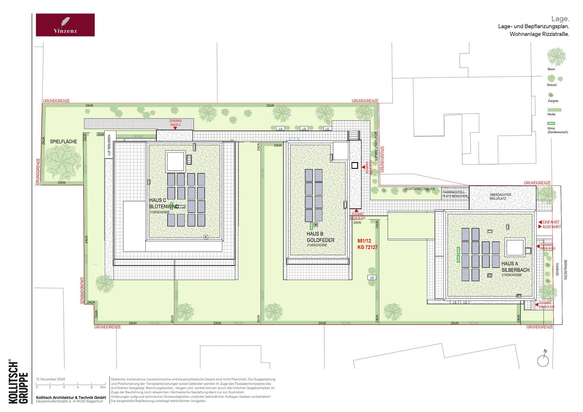 Lageplan der Wohnanlage mit drei Gebäuden, Grünflächen, Spielplatz und Parkmöglichkeiten.